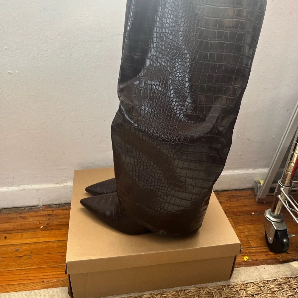 Steve Madden Dark Brown Croc-Embossed Over-the-Knee Boots